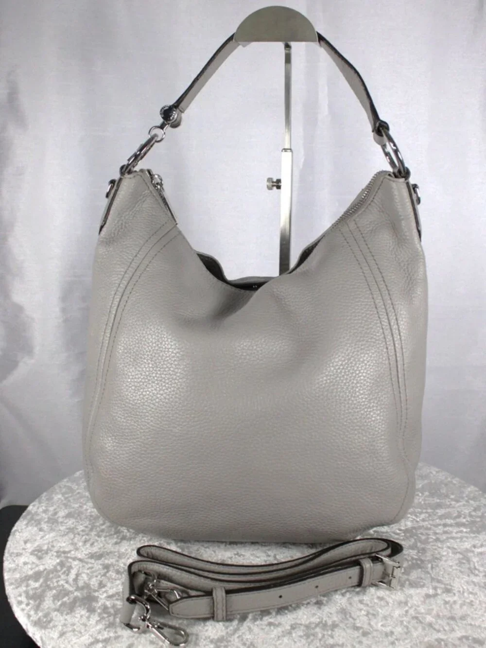 Michael Kors Fulton Large Pearl Grey Leather Convertible Shoulder Hobo Bag